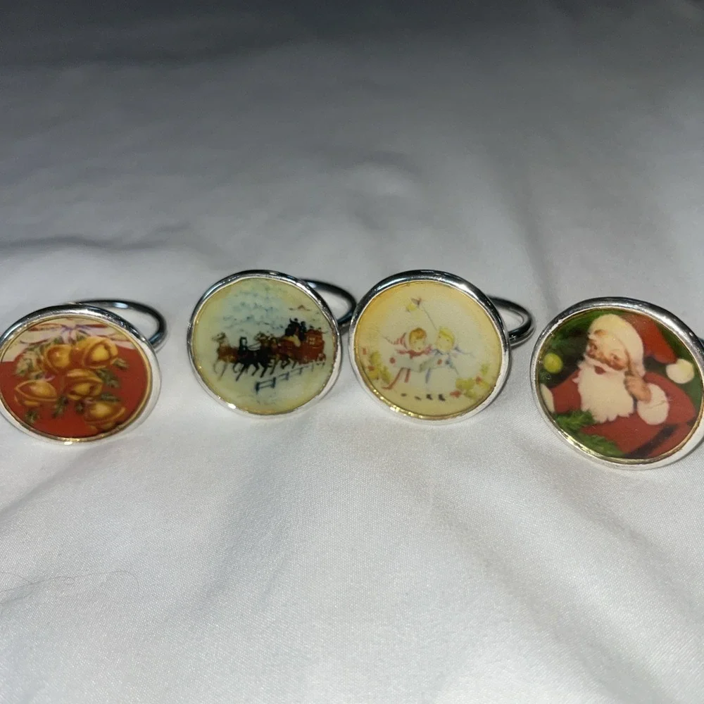 Silver Plated Colorful Christmas Napkin Rings Vintage Bells Santa Set Of 7‎